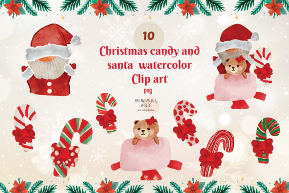 Candy and Santa Christmas Watercolor Png Illustrations