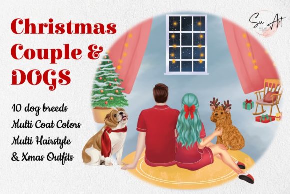 Christmas Couple with Dog Breeds Clipart for Holiday Illustrations