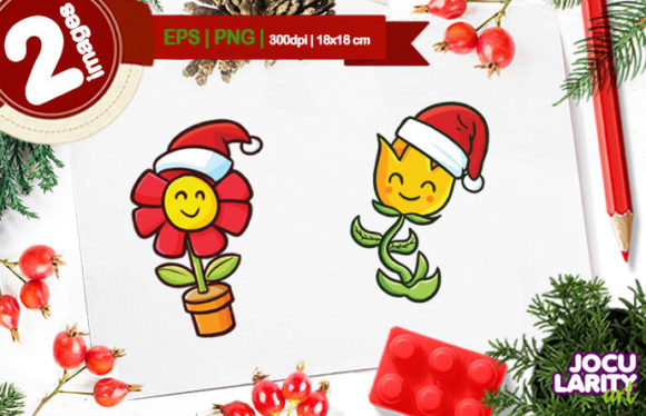 Cute Christmas Flower Cartoon Vector Illustrations