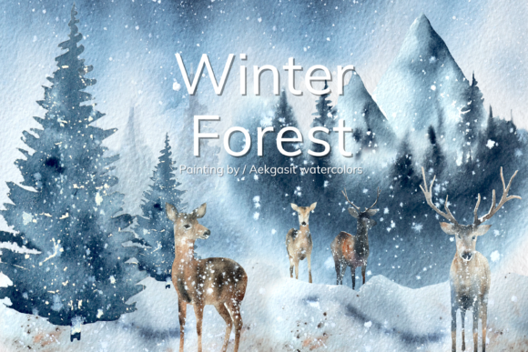 Winter Forest with Christmas Illustrations